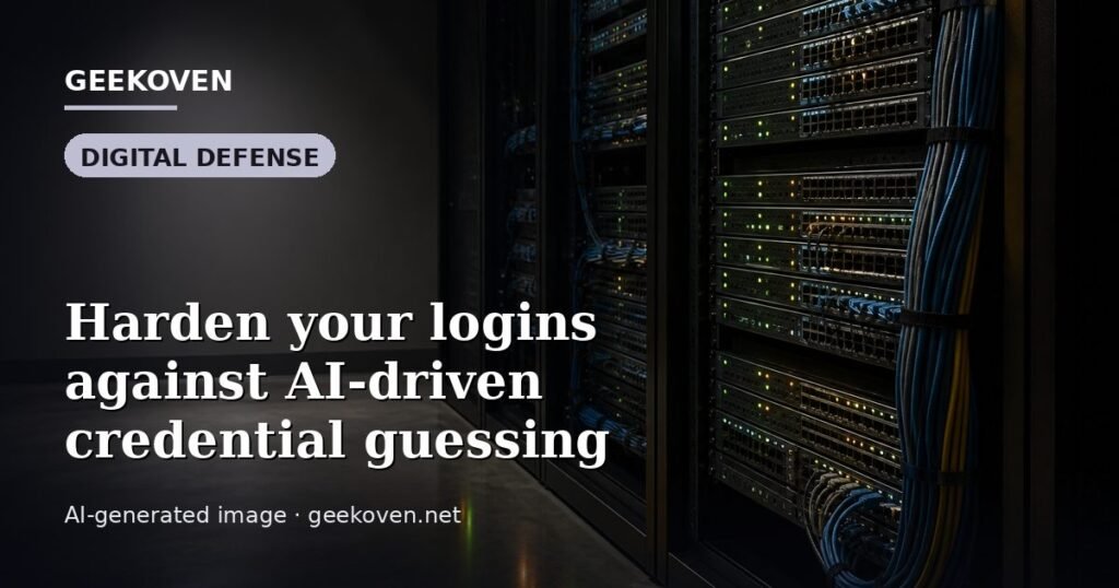 Illustration for the Digital Defense article “Harden your logins against AI-driven credential guessing”: an AI-generated editorial illustration showing a scene illustrating the subject of the article, with the headline set over it. Illustrative only, not a photograph of a real event.