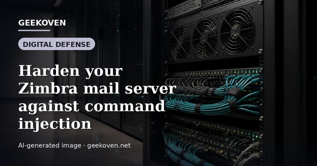 Illustration for the Digital Defense article “Harden your Zimbra mail server against command injection”: an AI-generated editorial illustration showing a scene illustrating the subject of the article, with the headline set over it. Illustrative only, not a photograph of a real event.