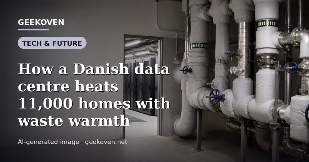 Illustration for the Tech & Future article “How a Danish data centre heats 11,000 homes with waste warmth”: an AI-generated editorial illustration showing a server hall with long rows of equipment cabinets and power infrastructure, with the headline set over it. Illustrative only, not a photograph of a real event.