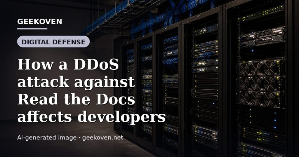 Illustration for the Digital Defense article “How a DDoS attack against Read the Docs affects developers”: an AI-generated editorial illustration showing a scene illustrating the subject of the article, with the headline set over it. Illustrative only, not a photograph of a real event.