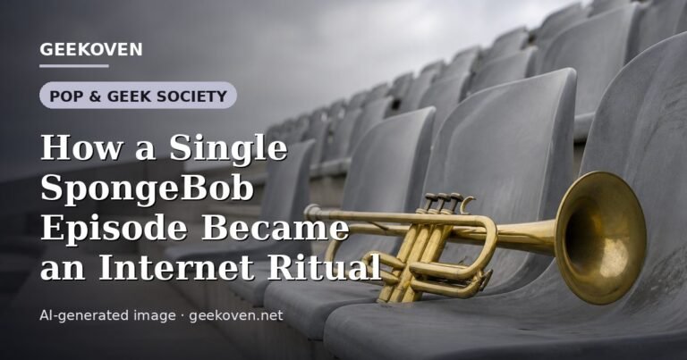 Illustration for the Pop & Geek Society article “How a Single SpongeBob Episode Became an Internet Ritual”: an AI-generated editorial illustration showing a stadium crowd seen from high above, lights arranged in coordinated patterns, with the headline set over it. Illustrative only, not a photograph of a real event.