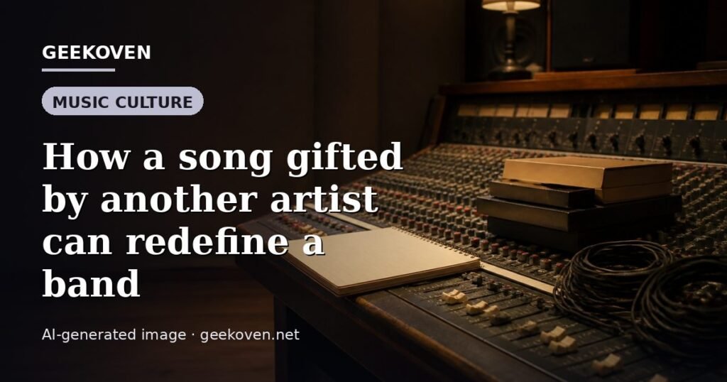 Illustration for the Music Culture article “How a song gifted by another artist can redefine a band”: an AI-generated editorial illustration showing a scene illustrating the subject of the article, with the headline set over it. Illustrative only, not a photograph of a real event.