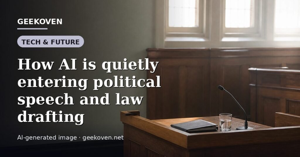 Illustration for the Tech & Future article “How AI is quietly entering political speech and law drafting”: an AI-generated editorial illustration showing a scene illustrating the subject of the article, with the headline set over it. Illustrative only, not a photograph of a real event.
