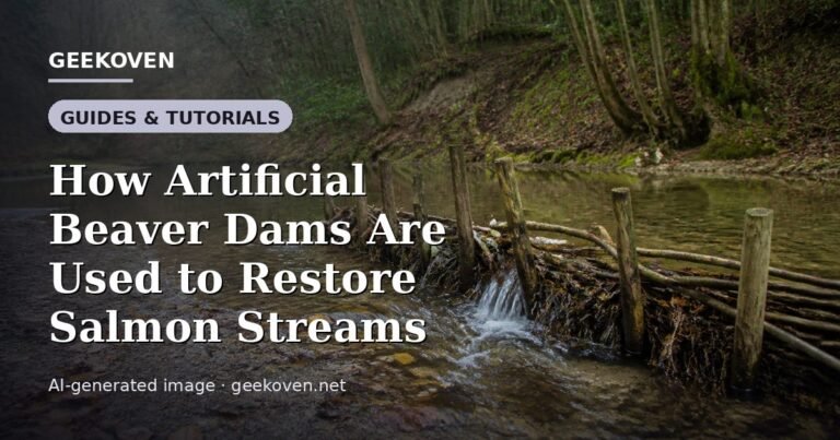 Illustration for the Guides & Tutorials article “How Artificial Beaver Dams Are Used to Restore Salmon Streams”: an AI-generated editorial illustration showing a scene illustrating the subject of the article, with the headline set over it. Illustrative only, not a photograph of a real event.