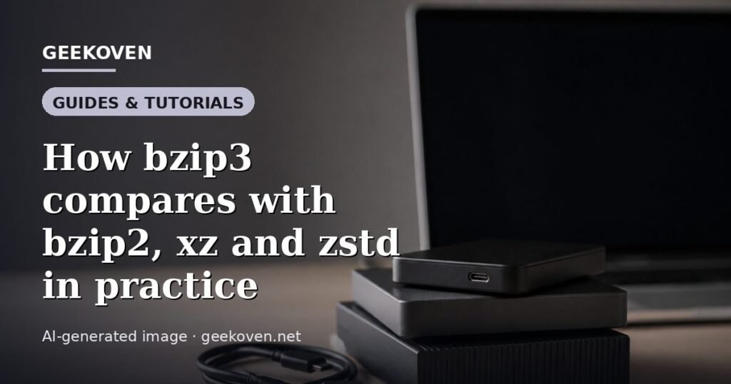 Illustration for the Guides & Tutorials article “How bzip3 compares with bzip2, xz and zstd in practice”: an AI-generated editorial illustration showing a scene illustrating the subject of the article, with the headline set over it. Illustrative only, not a photograph of a real event.
