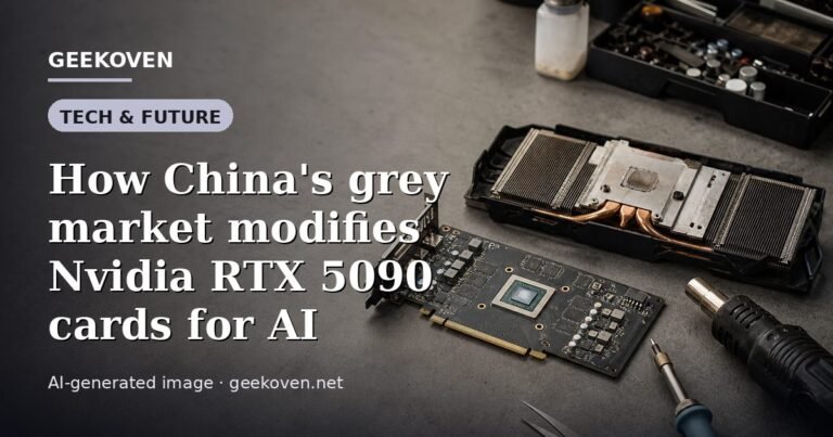 Illustration for the Tech & Future article “How China's grey market modifies Nvidia RTX 5090 cards for AI”: an AI-generated editorial illustration showing a server hall with long rows of equipment cabinets and power infrastructure, with the headline set over it. Illustrative only, not a photograph of a real event.