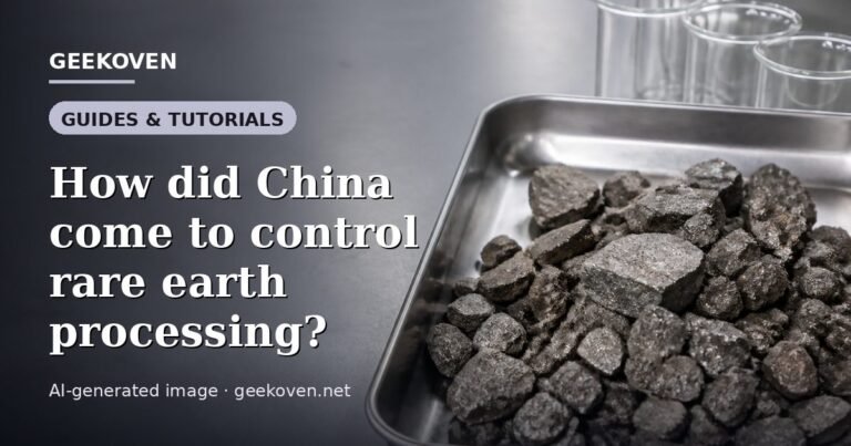 Illustration for the Guides & Tutorials article “How did China come to control rare earth processing?”: an AI-generated editorial illustration showing a scene illustrating the subject of the article, with the headline set over it. Illustrative only, not a photograph of a real event.