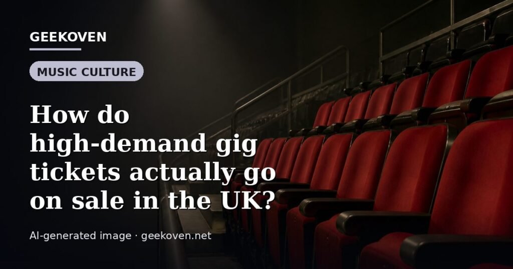 Illustration for the Music Culture article “How do high-demand gig tickets actually go on sale in the UK?”: an AI-generated editorial illustration showing a scene illustrating the subject of the article, with the headline set over it. Illustrative only, not a photograph of a real event.