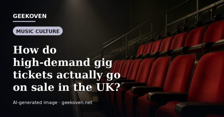 Illustration for the Music Culture article “How do high-demand gig tickets actually go on sale in the UK?”: an AI-generated editorial illustration showing a scene illustrating the subject of the article, with the headline set over it. Illustrative only, not a photograph of a real event.