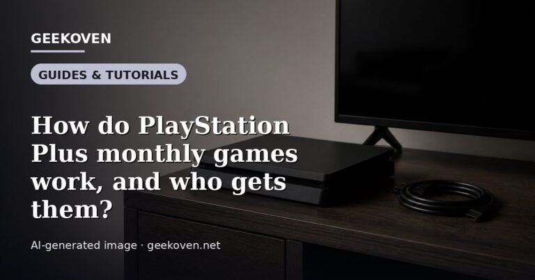 Illustration for the Guides & Tutorials article “How do PlayStation Plus monthly games work, and who gets them?”: an AI-generated editorial illustration showing a scene illustrating the subject of the article, with the headline set over it. Illustrative only, not a photograph of a real event.
