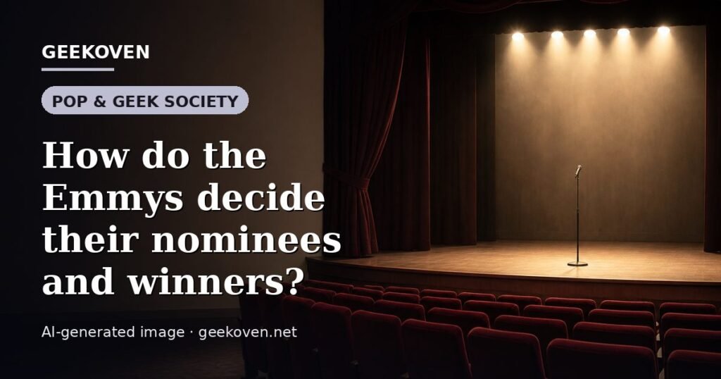 Illustration for the Pop & Geek Society article “How do the Emmys decide their nominees and winners?”: an AI-generated editorial illustration showing a stadium crowd seen from high above, lights arranged in coordinated patterns, with the headline set over it. Illustrative only, not a photograph of a real event.