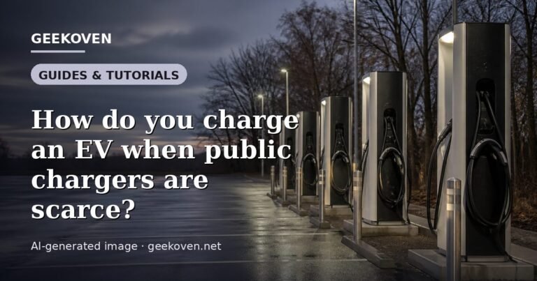 Illustration for the Guides & Tutorials article “How do you charge an EV when public chargers are scarce?”: an AI-generated editorial illustration showing a scene illustrating the subject of the article, with the headline set over it. Illustrative only, not a photograph of a real event.