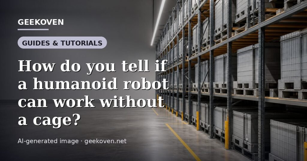 Illustration for the Guides & Tutorials article “How do you tell if a humanoid robot can work without a cage?”: an AI-generated editorial illustration showing a scene illustrating the subject of the article, with the headline set over it. Illustrative only, not a photograph of a real event.