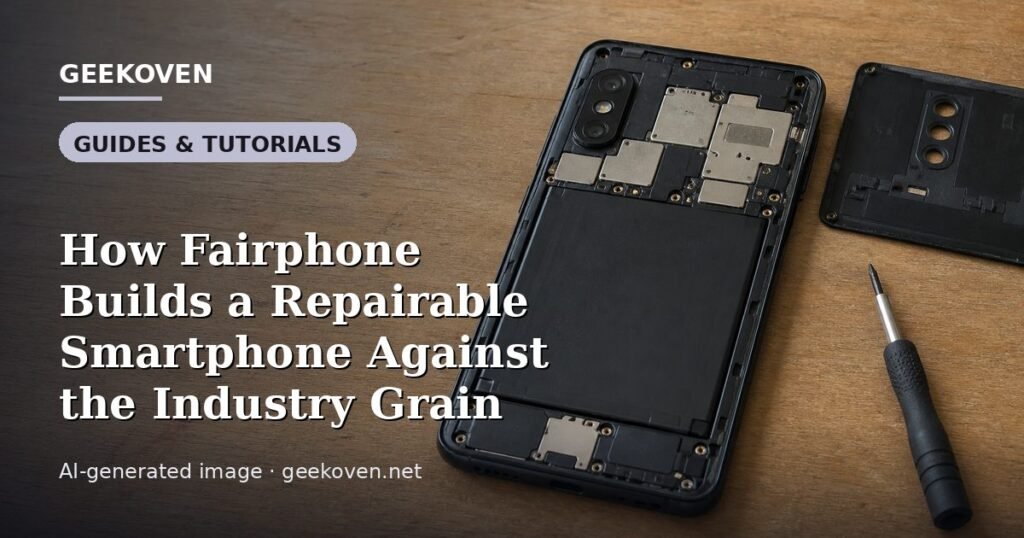 Illustration for the Guides & Tutorials article “How Fairphone Builds a Repairable Smartphone Against the Industry Grain”: an AI-generated editorial illustration showing a scene illustrating the subject of the article, with the headline set over it. Illustrative only, not a photograph of a real event.