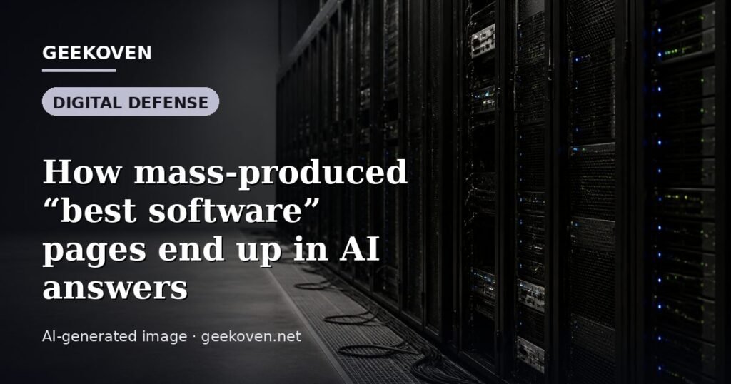 Illustration for the Digital Defense article “How mass-produced “best software” pages end up in AI answers”: an AI-generated editorial illustration showing a scene illustrating the subject of the article, with the headline set over it. Illustrative only, not a photograph of a real event.