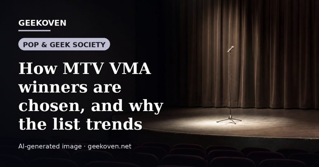 Illustration for the Pop & Geek Society article “How MTV VMA winners are chosen, and why the list trends”: an AI-generated editorial illustration showing a stadium crowd seen from high above, lights arranged in coordinated patterns, with the headline set over it. Illustrative only, not a photograph of a real event.