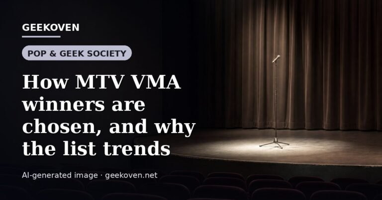 Illustration for the Pop & Geek Society article “How MTV VMA winners are chosen, and why the list trends”: an AI-generated editorial illustration showing a stadium crowd seen from high above, lights arranged in coordinated patterns, with the headline set over it. Illustrative only, not a photograph of a real event.