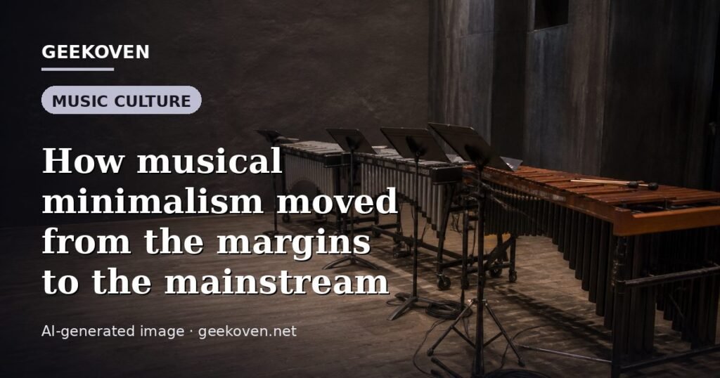 Illustration for the Music Culture article “How musical minimalism moved from the margins to the mainstream”: an AI-generated editorial illustration showing a scene illustrating the subject of the article, with the headline set over it. Illustrative only, not a photograph of a real event.