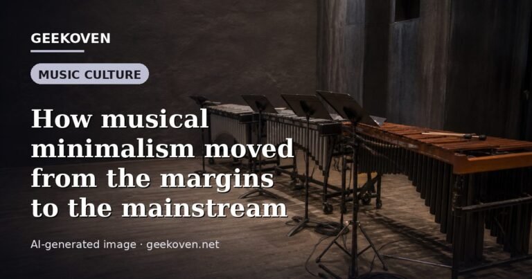 Illustration for the Music Culture article “How musical minimalism moved from the margins to the mainstream”: an AI-generated editorial illustration showing a scene illustrating the subject of the article, with the headline set over it. Illustrative only, not a photograph of a real event.