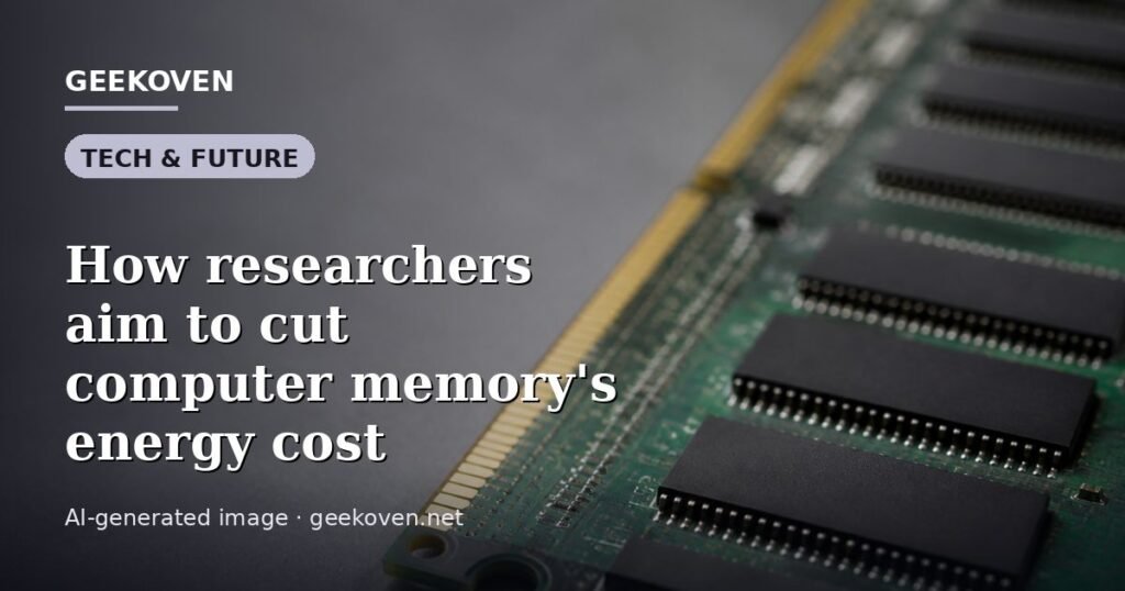 Illustration for the Tech & Future article “How researchers aim to cut computer memory's energy cost”: an AI-generated editorial illustration showing a server hall with long rows of equipment cabinets and power infrastructure, with the headline set over it. Illustrative only, not a photograph of a real event.