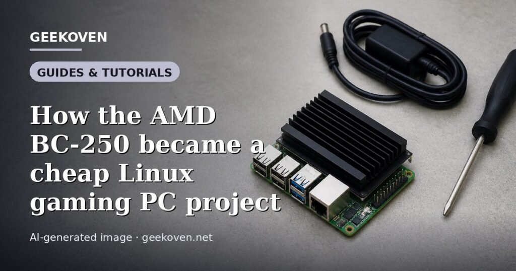 Illustration for the Guides & Tutorials article “How the AMD BC-250 became a cheap Linux gaming PC project”: an AI-generated editorial illustration showing a scene illustrating the subject of the article, with the headline set over it. Illustrative only, not a photograph of a real event.