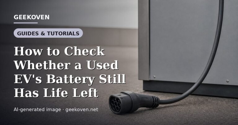 Illustration for the Guides & Tutorials article “How to Check Whether a Used EV's Battery Still Has Life Left”: an AI-generated editorial illustration showing a scene illustrating the subject of the article, with the headline set over it. Illustrative only, not a photograph of a real event.