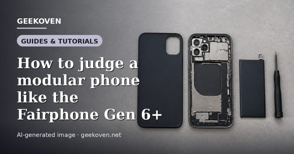 Illustration for the Guides & Tutorials article “How to judge a modular phone like the Fairphone Gen 6+”: an AI-generated editorial illustration showing a scene illustrating the subject of the article, with the headline set over it. Illustrative only, not a photograph of a real event.