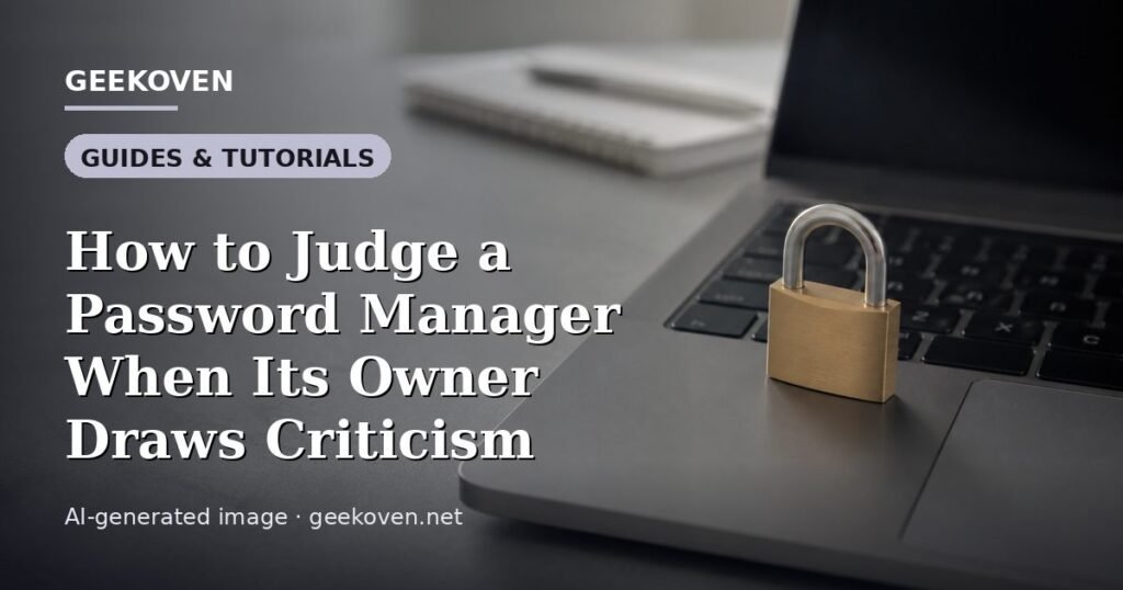 Illustration for the Guides & Tutorials article “How to Judge a Password Manager When Its Owner Draws Criticism”: an AI-generated editorial illustration showing a scene illustrating the subject of the article, with the headline set over it. Illustrative only, not a photograph of a real event.