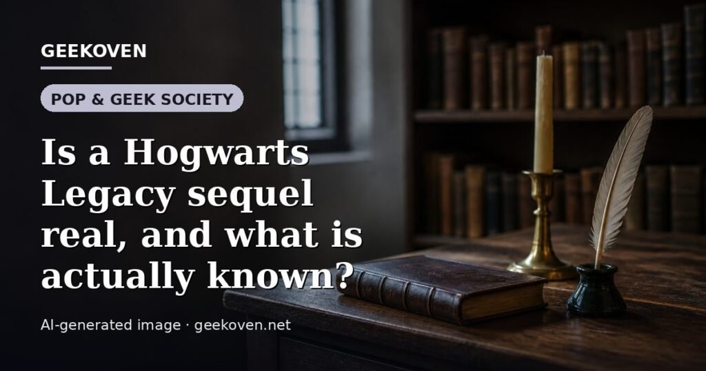 Illustration for the Pop & Geek Society article “Is a Hogwarts Legacy sequel real, and what is actually known?”: an AI-generated editorial illustration showing a studio workspace seen from above, with a production timeline across the wall, with the headline set over it. Illustrative only, not a photograph of a real event.