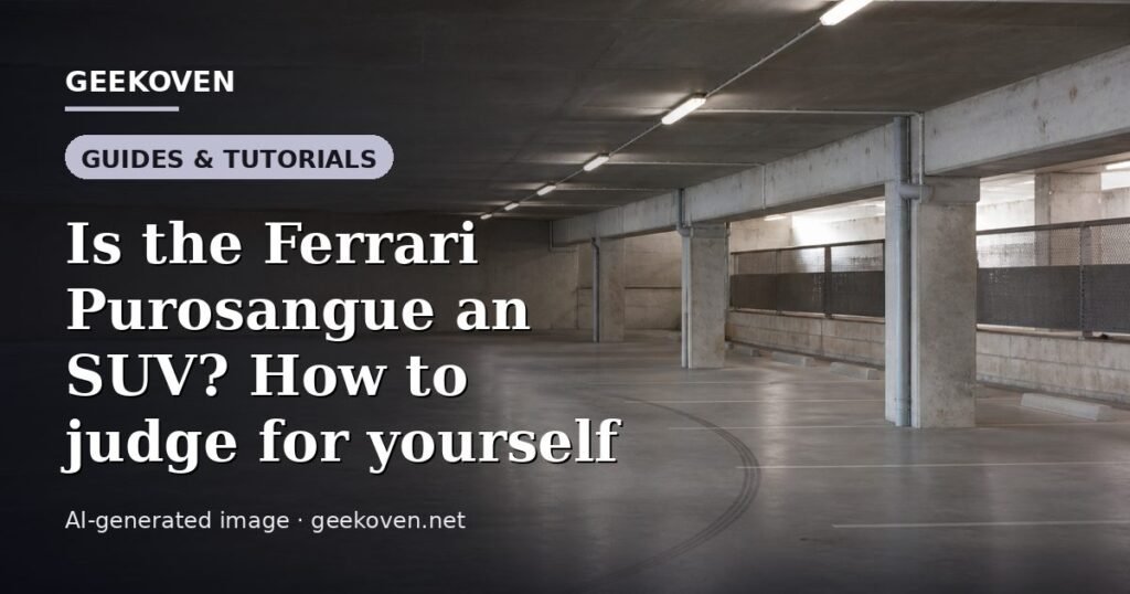Illustration for the Guides & Tutorials article “Is the Ferrari Purosangue an SUV? How to judge for yourself”: an AI-generated editorial illustration showing a scene illustrating the subject of the article, with the headline set over it. Illustrative only, not a photograph of a real event.