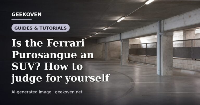 Illustration for the Guides & Tutorials article “Is the Ferrari Purosangue an SUV? How to judge for yourself”: an AI-generated editorial illustration showing a scene illustrating the subject of the article, with the headline set over it. Illustrative only, not a photograph of a real event.