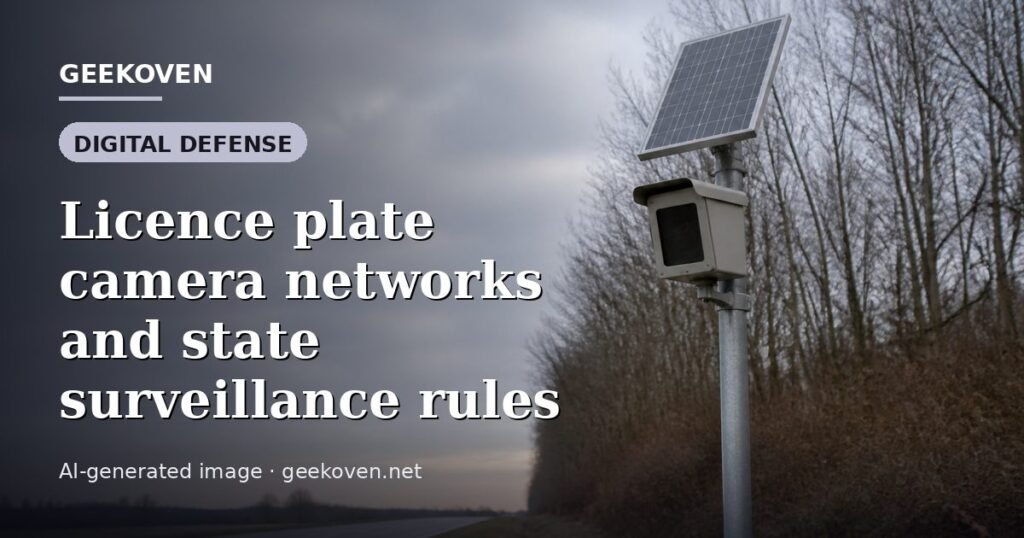 Illustration for the Digital Defense article “Licence plate camera networks and state surveillance rules”: an AI-generated editorial illustration showing a scene illustrating the subject of the article, with the headline set over it. Illustrative only, not a photograph of a real event.