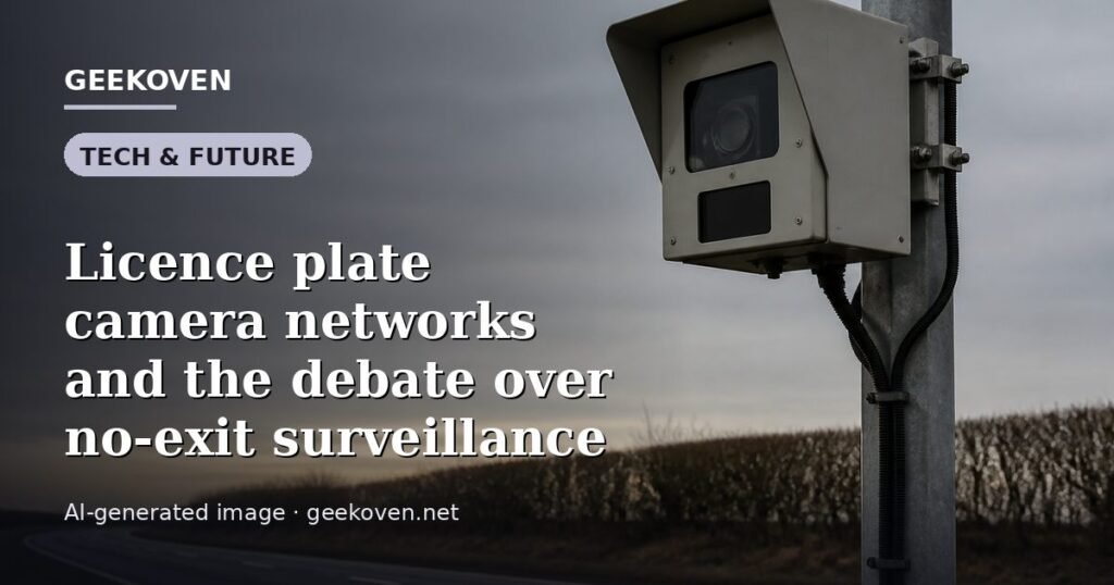 Illustration for the Tech & Future article “Licence plate camera networks and the debate over no-exit surveillance”: an AI-generated editorial illustration showing a scene illustrating the subject of the article, with the headline set over it. Illustrative only, not a photograph of a real event.