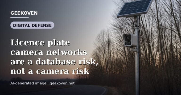 Illustration for the Digital Defense article “Licence plate camera networks are a database risk, not a camera risk”: an AI-generated editorial illustration showing a scene illustrating the subject of the article, with the headline set over it. Illustrative only, not a photograph of a real event.