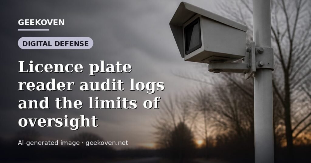 Illustration for the Digital Defense article “Licence plate reader audit logs and the limits of oversight”: an AI-generated editorial illustration showing a scene illustrating the subject of the article, with the headline set over it. Illustrative only, not a photograph of a real event.