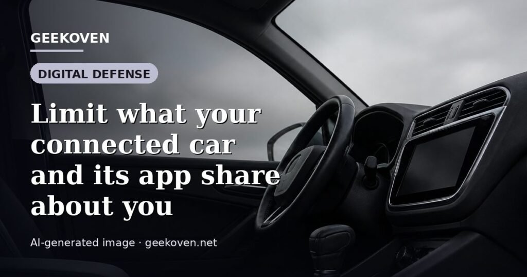Illustration for the Digital Defense article “Limit what your connected car and its app share about you”: an AI-generated editorial illustration showing a scene illustrating the subject of the article, with the headline set over it. Illustrative only, not a photograph of a real event.