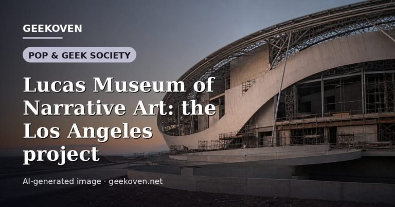 Illustration for the Pop & Geek Society article “Lucas Museum of Narrative Art: the Los Angeles project”: an AI-generated editorial illustration showing a scene illustrating the subject of the article, with the headline set over it. Illustrative only, not a photograph of a real event.