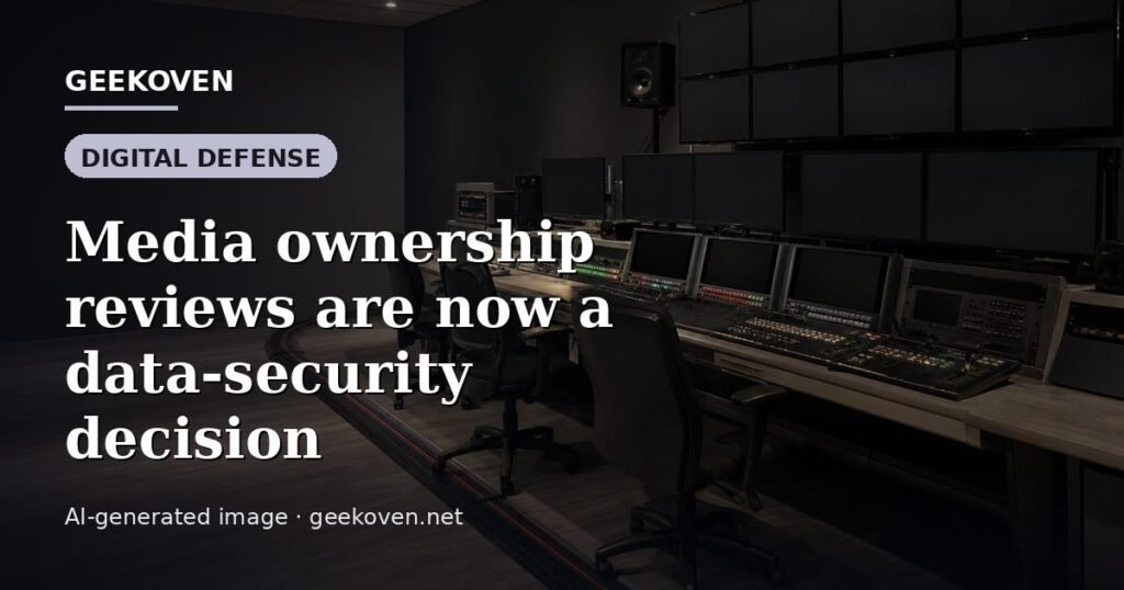 Illustration for the Digital Defense article “Media ownership reviews are now a data-security decision”: an AI-generated editorial illustration showing a scene illustrating the subject of the article, with the headline set over it. Illustrative only, not a photograph of a real event.