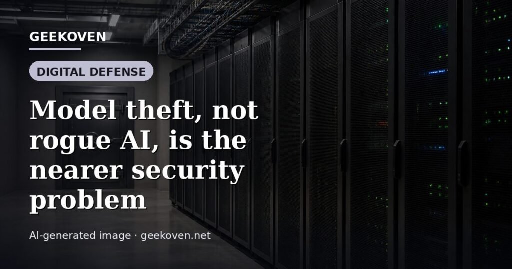 Illustration for the Digital Defense article “Model theft, not rogue AI, is the nearer security problem”: an AI-generated editorial illustration showing a scene illustrating the subject of the article, with the headline set over it. Illustrative only, not a photograph of a real event.