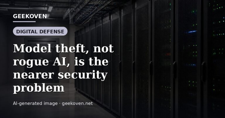 Illustration for the Digital Defense article “Model theft, not rogue AI, is the nearer security problem”: an AI-generated editorial illustration showing a scene illustrating the subject of the article, with the headline set over it. Illustrative only, not a photograph of a real event.