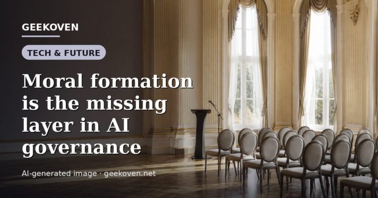 Illustration for the Tech & Future article “Moral formation is the missing layer in AI governance”: an AI-generated editorial illustration showing a scene illustrating the subject of the article, with the headline set over it. Illustrative only, not a photograph of a real event.
