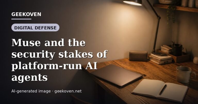 Illustration for the Digital Defense article “Muse and the security stakes of platform-run AI agents”: an AI-generated editorial illustration showing a scene illustrating the subject of the article, with the headline set over it. Illustrative only, not a photograph of a real event.
