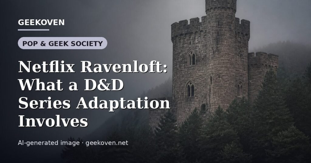 Illustration for the Pop & Geek Society article “Netflix Ravenloft: What a D&D Series Adaptation Involves”: an AI-generated editorial illustration showing a stadium crowd seen from high above, lights arranged in coordinated patterns, with the headline set over it. Illustrative only, not a photograph of a real event.