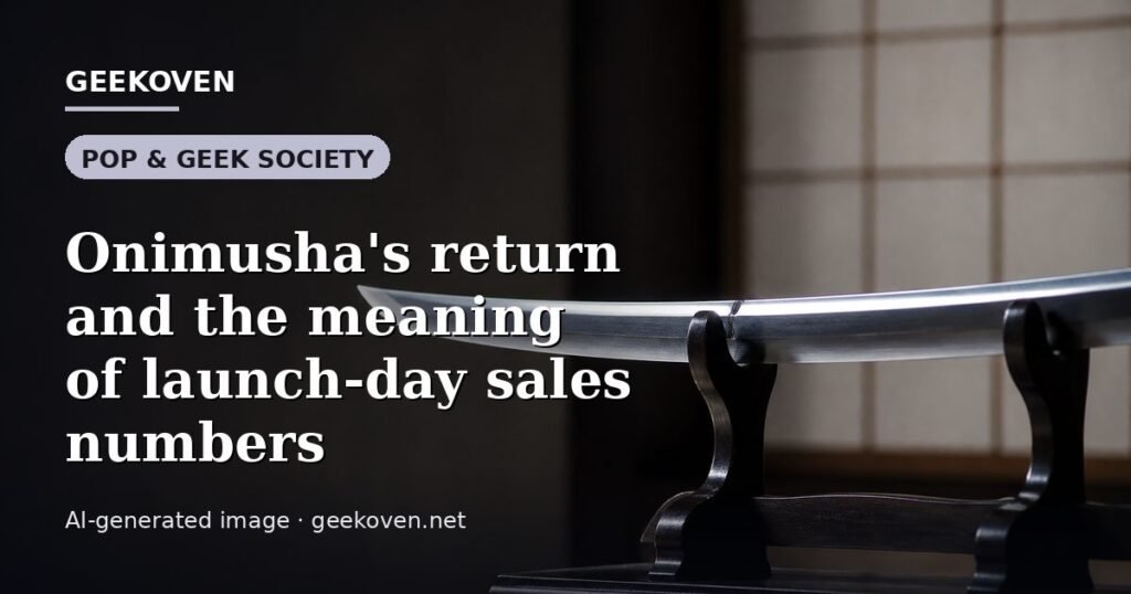 Illustration for the Pop & Geek Society article “Onimusha's return and the meaning of launch-day sales numbers”: an AI-generated editorial illustration showing a scene illustrating the subject of the article, with the headline set over it. Illustrative only, not a photograph of a real event.