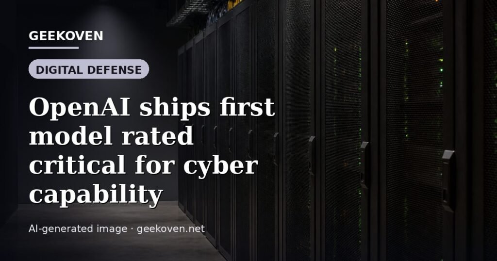 Illustration for the Digital Defense article “OpenAI ships first model rated critical for cyber capability”: an AI-generated editorial illustration showing a scene illustrating the subject of the article, with the headline set over it. Illustrative only, not a photograph of a real event.