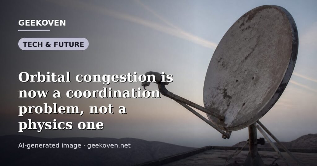 Illustration for the Tech & Future article “Orbital congestion is now a coordination problem, not a physics one”: an AI-generated editorial illustration showing a scene illustrating the subject of the article, with the headline set over it. Illustrative only, not a photograph of a real event.