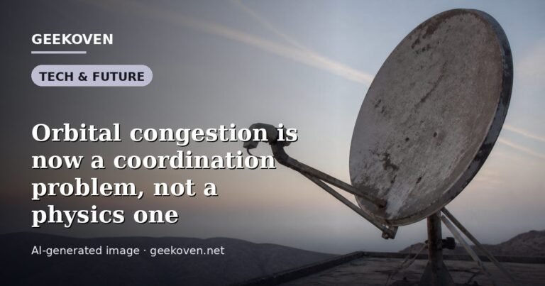Illustration for the Tech & Future article “Orbital congestion is now a coordination problem, not a physics one”: an AI-generated editorial illustration showing a scene illustrating the subject of the article, with the headline set over it. Illustrative only, not a photograph of a real event.