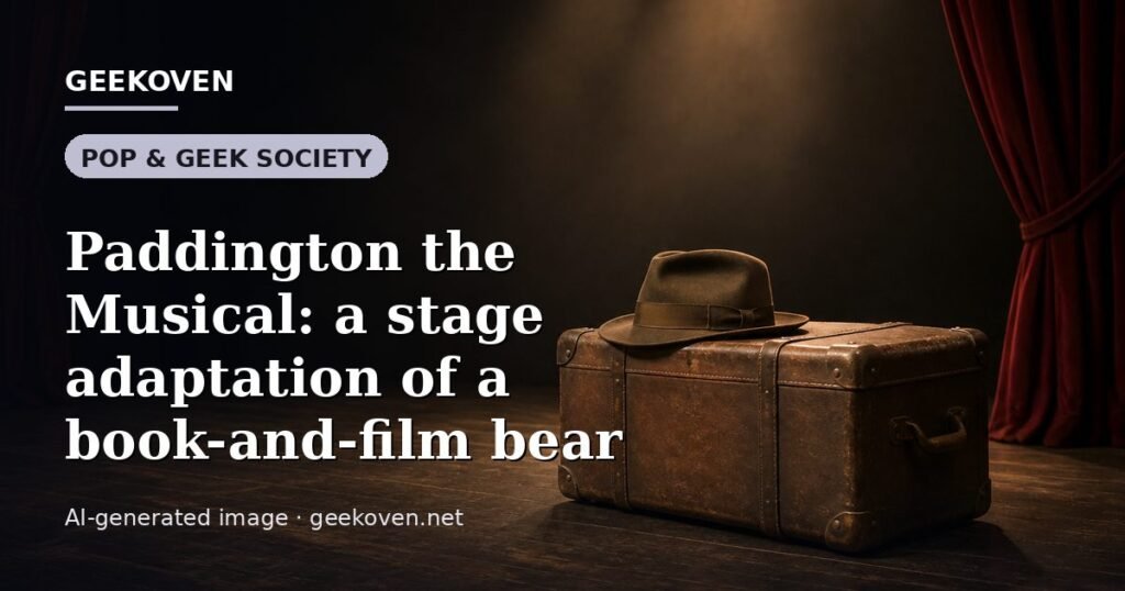 Illustration for the Pop & Geek Society article “Paddington the Musical: a stage adaptation of a book-and-film bear”: an AI-generated editorial illustration showing a scene illustrating the subject of the article, with the headline set over it. Illustrative only, not a photograph of a real event.