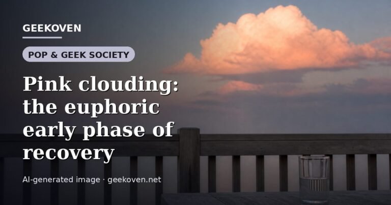 Illustration for the Pop & Geek Society article “Pink clouding: the euphoric early phase of recovery”: an AI-generated editorial illustration showing a scene illustrating the subject of the article, with the headline set over it. Illustrative only, not a photograph of a real event.