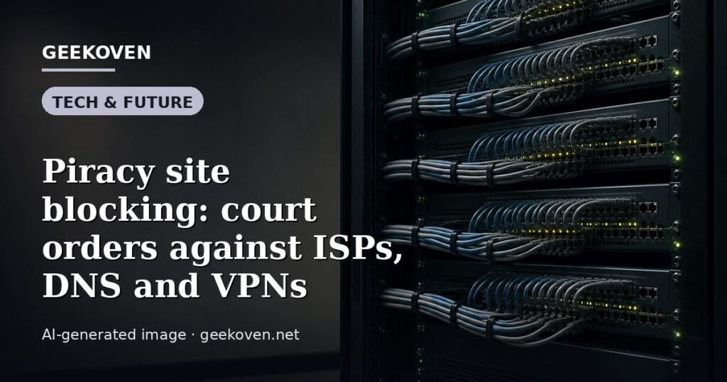 Illustration for the Tech & Future article “Piracy site blocking: court orders against ISPs, DNS and VPNs”: an AI-generated editorial illustration showing a scene illustrating the subject of the article, with the headline set over it. Illustrative only, not a photograph of a real event.
